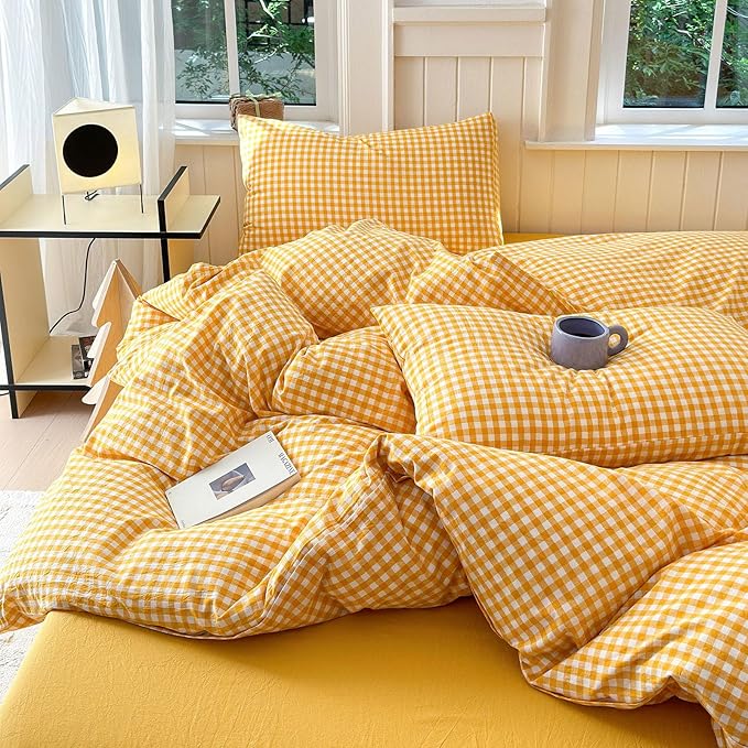 LifeTB Yellow Gingham Comforter King Comforter Set Geometric Checkered Plaid Bedding Comforter with 2 Pillowcases Fluffy Soft Lightweight Bedding Boho Grid Plaid Comforter Set King for All Seasons