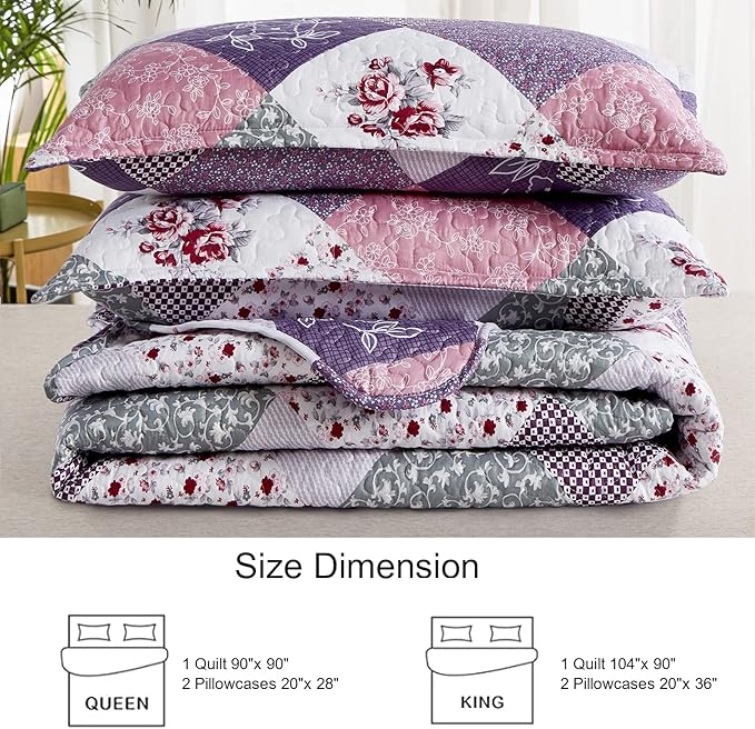 Dinjoy Purple Quilt Set King Size, Reversible Floral Plaid Patchwork Pattern Bedding Set Soft Microfiber Lightweight Bedspread Coverlet 3 Piece Spring Summer Use (104x90 inches)