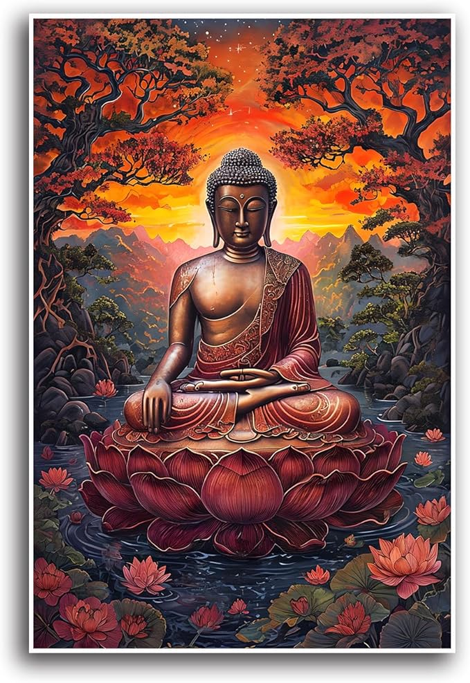 Golden Buddha on lotus seat serene meditation statue amidst lush trees flowing water and sunrise light spiritual home art for a tranquil decor 12x18in Frameless