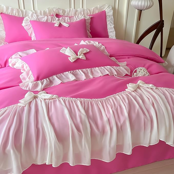 Girls Lace Bedding,Queen Comforter Cover Set, Chic Ruffled Duvet Cover with Lovely Bow,Princess Style 1 Duvet Cover with 1 Pillowcases, No Comforter-Hot Pink,Twin Size