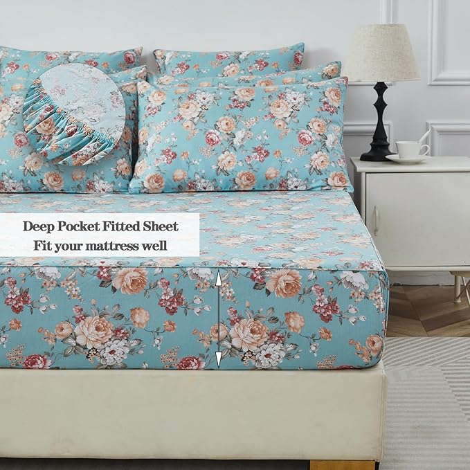 FADFAY Blue Vintage Floral Full Size Sheets Set Premium 100% Cotton Shabby Rose Pattern Cottagecore Bedding Set Deep Pocket Sheets with 2 Pillowcases Luxury Breathable Soft 4Pcs, Full Size