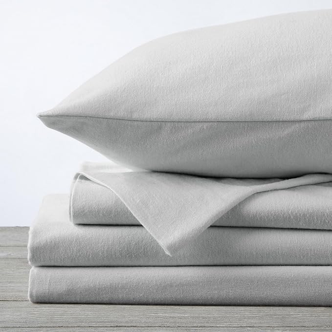 Market & Place 100% Cotton Queen Flannel Sheet Set | 4 Piece Deep Pocket Solid Cozy Winter Bed Sheets | Double Brushed for Extra Softness & Comfort | Chalet Collection (Queen, Light Grey)