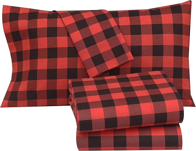 RUVANTI Flannel Sheets Twin Size - 100% Cotton Double Brushed Twin Sheets Set, Deep Pockets 16 Inches, All Seasons Breathable & Extra Soft Bed Sheets, Warm & Cozy, 3 Piece, Red & Black Plaid