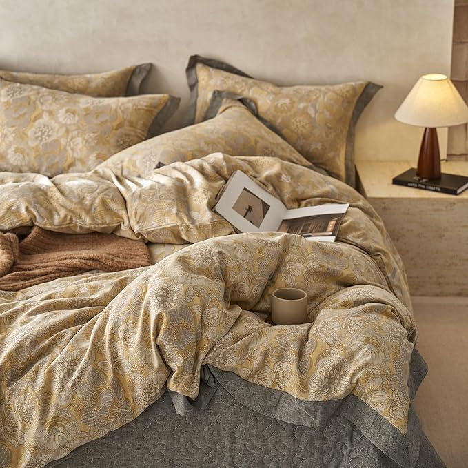 EAVD Vintage Style Yellow Floral Duvet Cover Queen Soft 100% Muslin Cotton Yarn-Dyed Jacquard Textured Bedding Set with 2 Pillowcases Linen Like Gauze Botanical Duvet Cover with Zipper Closure