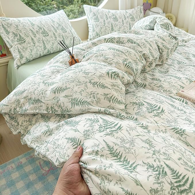LifeTB Muslin Duvet Cover King Size 100% Cotton Botanical Floral Comforter Cover Ultra Soft Cottagecore Bedding Set Lightweight Linen Feel Textured Breathable Gauze Duvet Cover with 2 Pillowcases