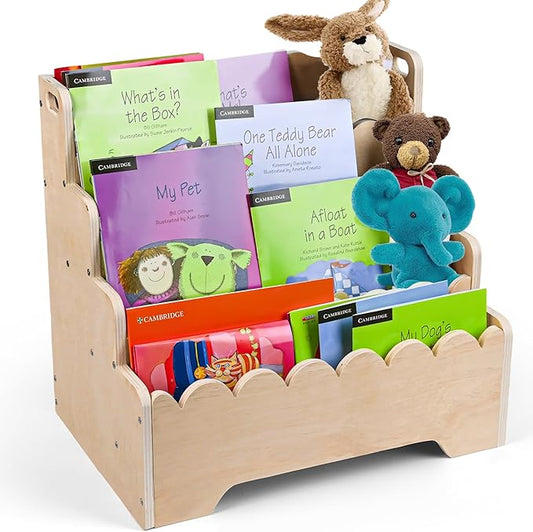 MBYD Wooden Kids Bookshelf 4-Tier, Scalloped Book Shelf for Kids, Front Facing Toddler Montessori Bookshelf, Baby Nursery Book Shelves, Children Bookcase Organizer for Bedroom Playroom Living Room