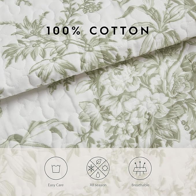 Laura Ashley - Queen Quilt Set, Soft & Reversible Cotton Floral Bedding with a Medium Weight Feel, 3 Piece Bed Set with Matching Pillowcases (Bedford Green/Off-White)