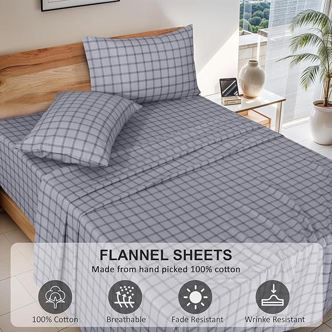 RUVANTI Flannel Sheets Full Size - 100% Cotton Double Brushed Bed Sheets Set, Deep Pockets 16 Inches, All Seasons Breathable & Extra Soft Full Sheets, Warm & Cozy, 4 Piece, Open Grid Check
