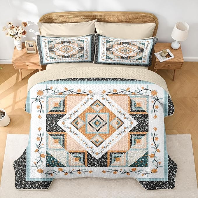 Quilt Set King Size, Farmhouse Floral 3 Pcs Soft Bed Cover Bedding Set, Boho Rustic Geometric Lightweight Bedspread Coverlet with 2 Pillow Sham for All Season