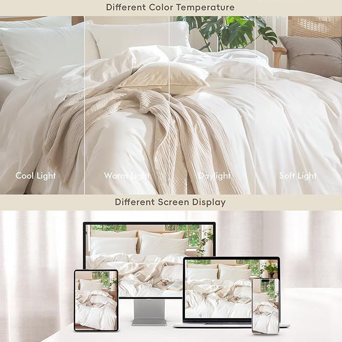 MooMee Bedding Duvet Cover Set 100% Washed Cotton Linen Like Textured Breathable Durable Soft Comfy (Solid Off White, Super King Plus 120"x120")
