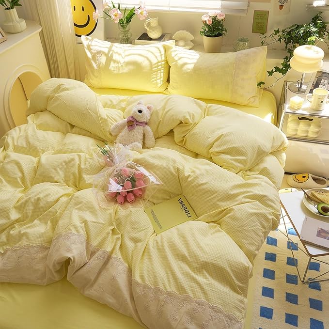 LifeTB Yellow Gingham Duvet Cover Twin 3 Pieces Romantic Lace Comforter Cover Soft Microfiber Cream Yellow Grid Duvet Cover Farmhouse Plaid Checkered Comforter Cover Grid Gingham Bedding Set