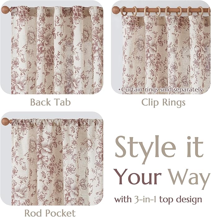 jinchan Linen Blend Curtain Floral Curtains for Living Room 84 Inch Length Christmas Brick Red Printed Curtain Rod Pocket Back Tab Farmhouse Peony Flower Patterned Drapes Curtains Set 2 Panels