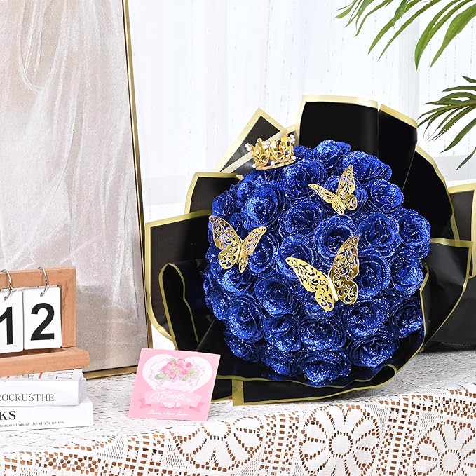 Waipfaru 36 Pcs Glitter Roses Bouquet, DIY Fake Flowers Bouquet, Artificial Blue Rose Bouquet for Valentines, Mothers Day Gifts, Anniversary, Engagement, Wedding