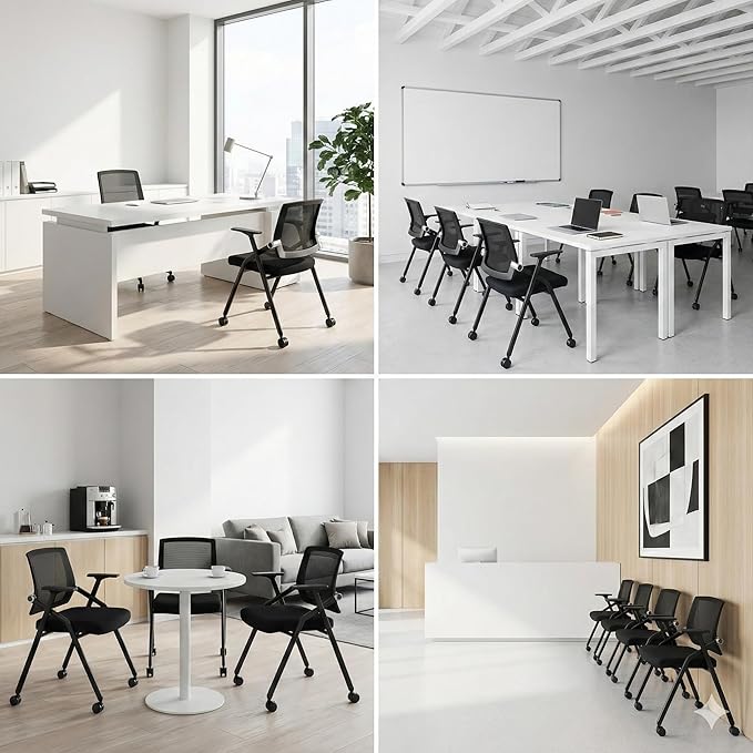 6 Pack Stackable Conference Room Chairs with Paddle Folding Office Chair Foldable Desk Chair Mesh Back and Arms for Conference Meeting Guest Reception Home Office Training Room Chair Black