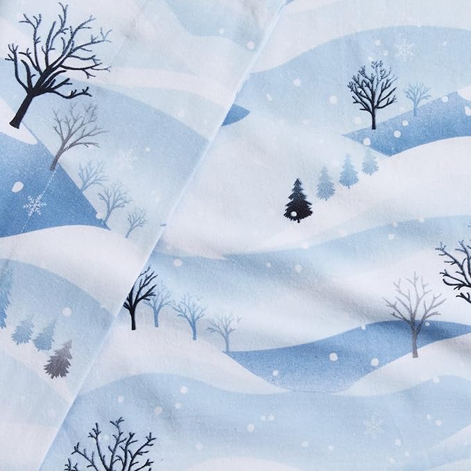 Market & Place 100% Cotton Queen Flannel Sheet Set | 4 Piece Deep Pocket Novelty Cozy Winter Bed Sheets | Double Brushed for Extra Softness & Comfort | Alpine Collection (Queen, Winter Landscape)