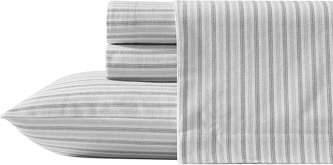 Eddie Bauer - Queen Bed Sheets, Cotton Flannel Bedding Set with Matching Pillowcases, Brushed for Extra Softness, Deep Pocket, Oeko-Tex Certified (Ticking Stripe Grey)