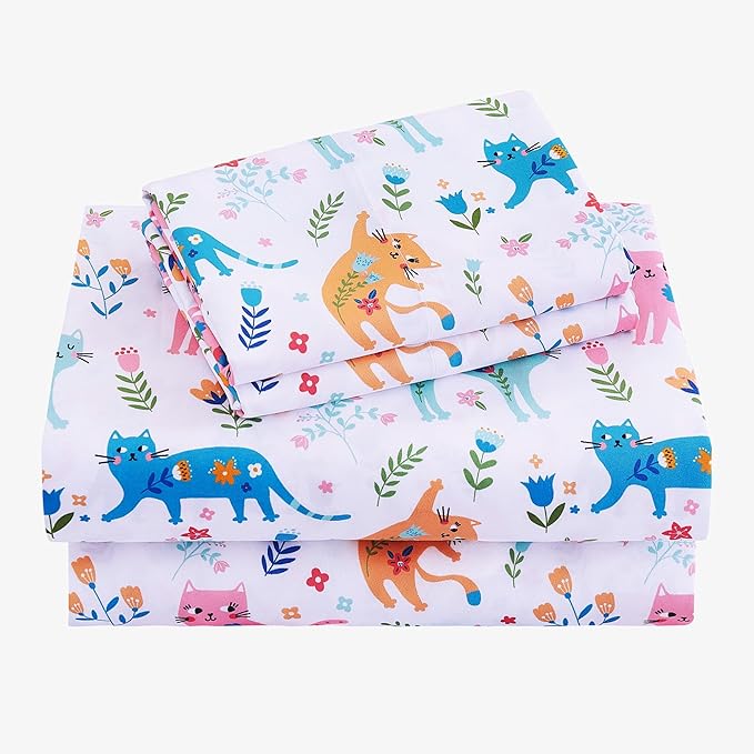 Viviland 3 Pieces Girls Pink Cat Twin Sheet Set - Soft Microfiber Fitted Flat Sheets & Pillowcase - Kids Colorful Floral Leaf Print Bedding Sets - for Kids & Toddlers