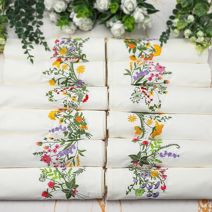 Tioncy 12 Pcs Christmas Floral Cloth Napkins Decorations Bulk Embroidered Wildflower Dinner Napkins Tea Cocktail Party Gifts Xmas Stocking Stuffers for Holiday Table Decor (White)