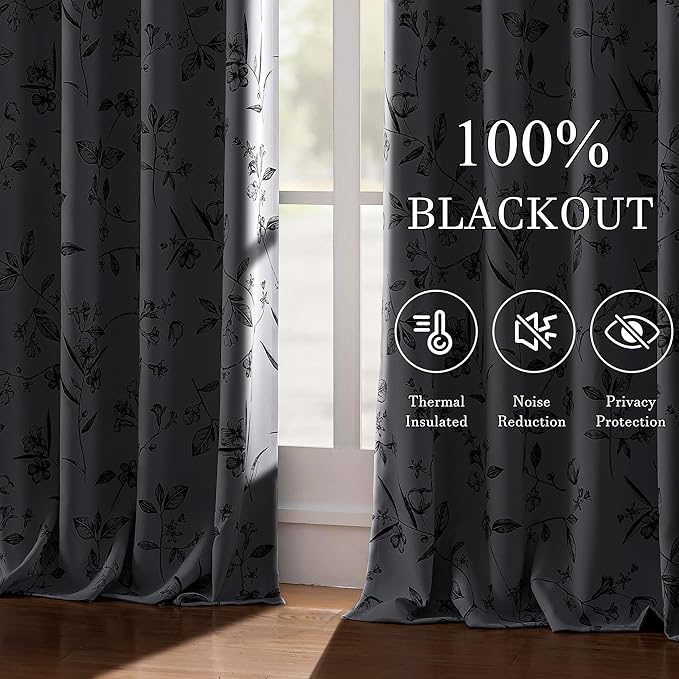 ChrisDowa 100% Blackout Floral Curtains 72 Inches Long 2 Panels for Bedroom Living Room Black Flower Patterned Room Darkening Thermal Insulated Soundproof Grommet Window Treatments Drapes,52X72