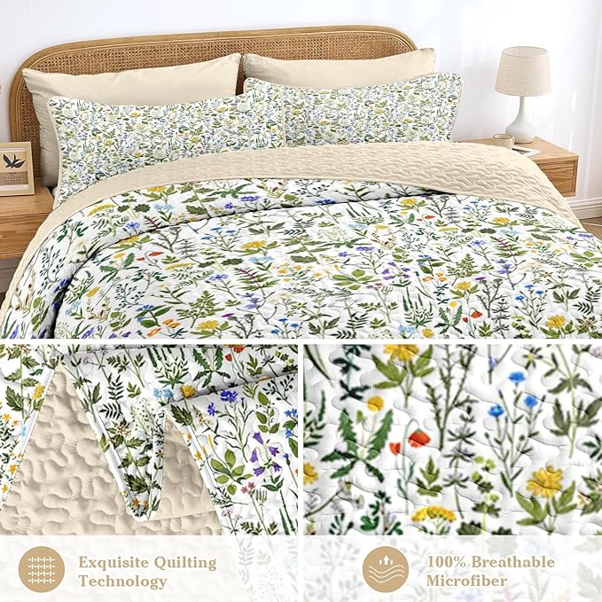 Quilt Set King Size, Garden Floral 3 Pcs Soft Bed Cover Bedding Set, Country Rustic Farmhouse Lightweight Bedspread Coverlet with 2 Pillow Sham for All Season