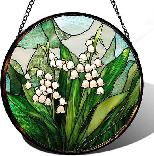 Stained Glass Window Hanging - White Green Lily of The Valley Suncatcher for Doors Garden Terrace Plant Sun Catchers Decor Mother's Day Birthday Flowers Gifts for Women Men Mom 6.3 in