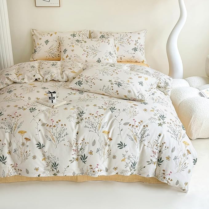 HighBuy Girl Yellow Floral Comforter Set Twin XL Vintage Botanical Comforter Set 3 Piece Boho Chic Fluffy Comforter for College Teen,1 Floral Comforter with 2 Pillowcases,All Season