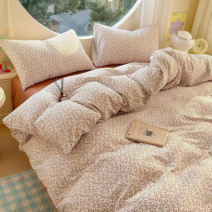 EAVD Chic Garden Small Floral Duvet Cover Twin Soft 100% Muslin Cotton Feel Gauze Vintage Floral Bedding Set with 2 Pillowcases Cottagecore Botanical Print Duvet Cover with Zipper Closure
