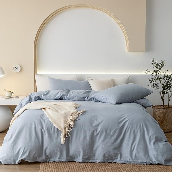 JIYUAN 100% Washed Cotton Duvet Cover Set 3 Pieces Super Queen, 1 Duvet Cover 90x98 Inches(Comforter Not Included) and 2 Pillowcases,Linen Feel Bedding Set Comfy and Breathable, Heathered Light Blue