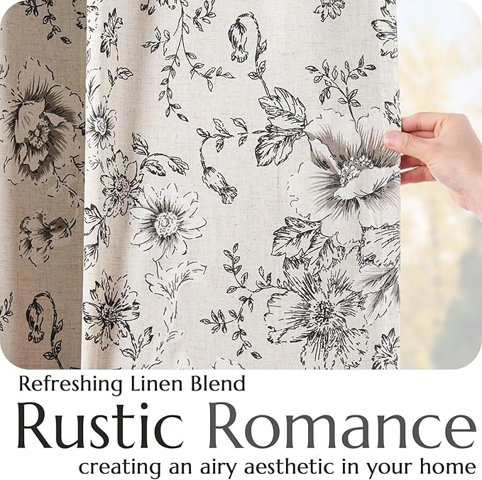 jinchan Blackout Linen Blend Curtain Floral Blackout Curtains for Living Room 72 Inch Length Black Printed with Lined Blackout Curtain for Bedroom Farmhouse Curtains Set 2 Panels