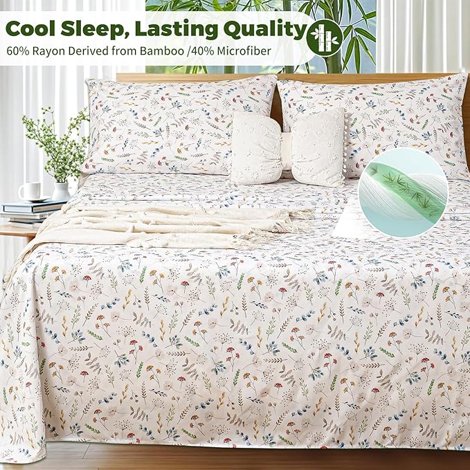 Bedlifes Twin Floral 3-Piece Sheet Set - Cooling Sheets Blend Rayon Derived from Bamboo,Soft & Breathable, Deep Pocket 16", Wrinkle Resistant - Vibrant Boho Floral Design