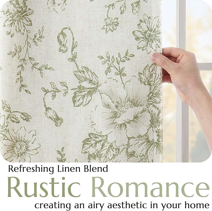 jinachan Blackout Curtains Linen Blend Floral Curtain for Living Room 96 Inch Length Christmas Sage Green Flower Printed with Lined Blackout Drapes for Bedroom Farmhouse Curtains Set 2 Panels