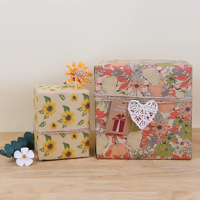 Aimyoo Kraft Floral Wrapping Paper Bundle, Vintage Sunflower Flower Gift Wrap Paper for Wedding Bridal Shower Birthday Rolls of 4, 17 in x 12 ft per Roll