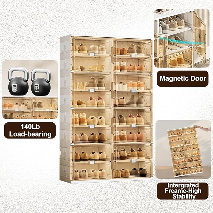 wesimple 24 Pairs Shoes Storage Cabinet of 3-Step Fast Installation,Plastic Shoe Box with Clear Magnetic Door for Display, Shoe Organizer for Sneaker, Sandals, Heels (2 Row, 6 Tier)