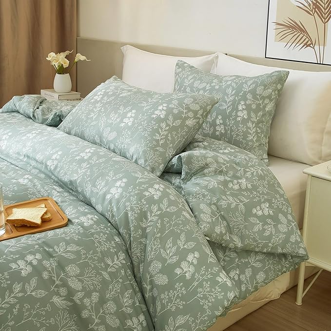 EAVD Garden Style Sage Green Floral Duvet Cover Twin XL Soft Cotton Chic Shabby Small Floral Bedding Set with 2 Pillowcases Fresh Reversible Botanical Duvet Cover with Zipper Closure