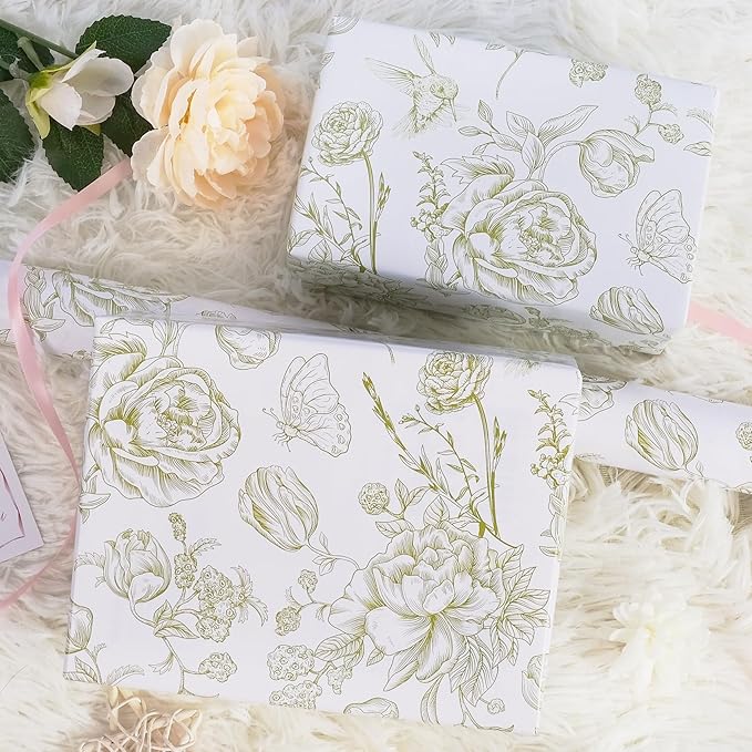 RayofSun Green Floral Wrapping Paper Roll 17 in x 32 ft Mini Roll Vintage Toile Flower Gift Wrap Paper for All Occasion Wedding Birthday Bridal Shower Party Baby Shower Christmas