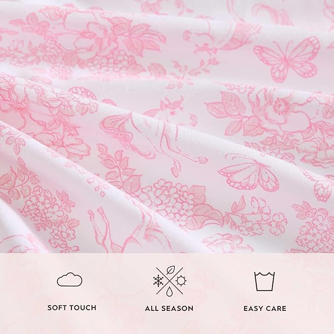 Laura Ashley Kids - Queen Sheet Set, Soft & Wrinkle-Resistant Toddler Bedding Set, Deep Pockets, Girl Bed Sheets with Matching Fitted Sheet & Pillowcases (Toile Unicorn Pink)
