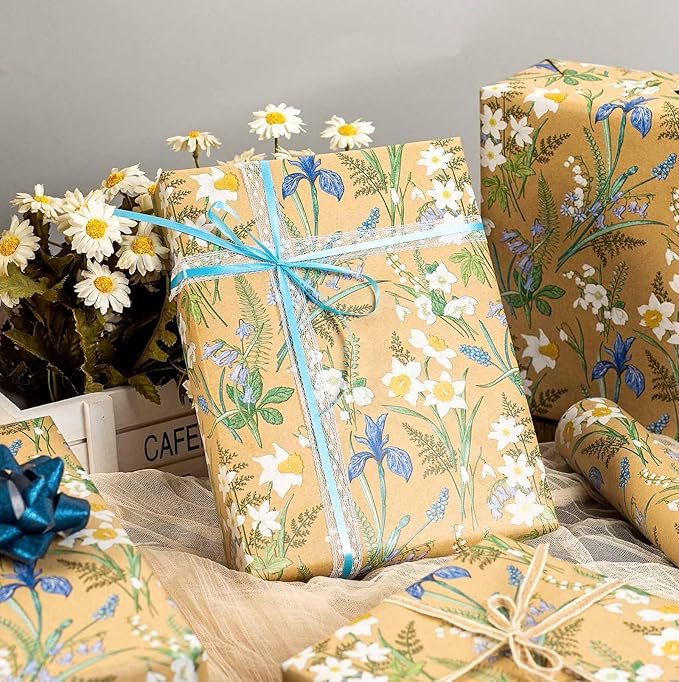 MAYPLUSS Kraft Floral Wrapping Paper - 17Inch x 33Feet - Elegant Meadow Gift Wrap Boho Garden Watercolor Flower Gift Wrapping Paper for Birthday, Wedding, Mothers Day, Bridal Shower, Engagement