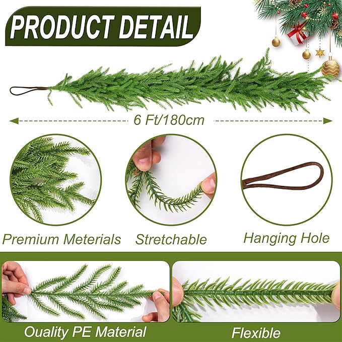 6 Ft Christmas Norfolk Pine Garland Real Touch Artificial Faux Greenery Christmas Garland Decorations for Home Mantle Table Fireplace Stairs Door Indoor Outdoor Holiday Decor