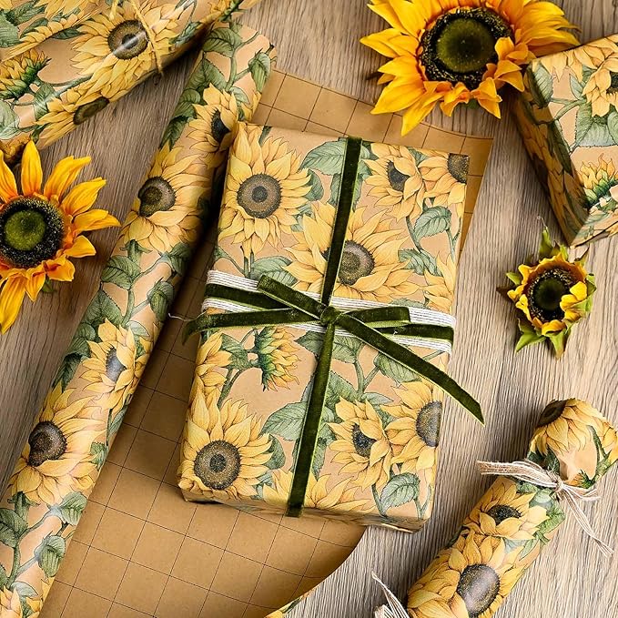 MAYPLUSS Kraft Sunflowers Gift Wrapping Paper - Vintage Elegant Sunflowers Floral Gift Wrap Paper for Women Birthday, Christmas, Baby Shower, Mothers Day, Thanksgiving, Holiday - 17 Inches X 16.5 Feet