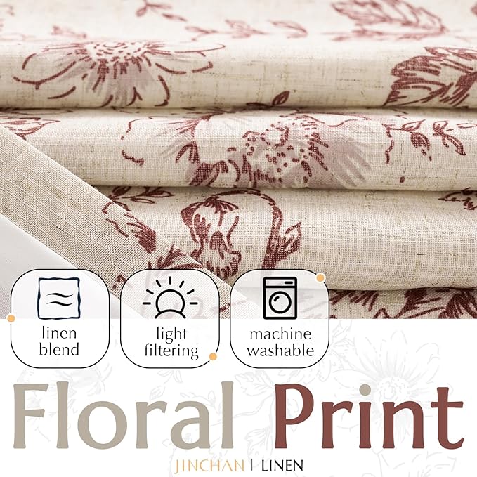jinchan Lined Linen Blend Curtain Floral Curtains for Living Room 108 Inches Long Christmas Red Peony Flower Printed Curtain Rod Pocket Back Tab Farmhouse Patterned Drapes Curtains Set 2 Panels