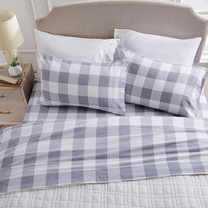 Market & Place 100% Turkish Cotton Flannel Sheet Set | 4 Piece Deep Pocket Novelty Cozy Winter Bed Sheets | Double Brushed for Extra Softness & Comfort | Alpine Collection (Full, Buffalo Check Grey)