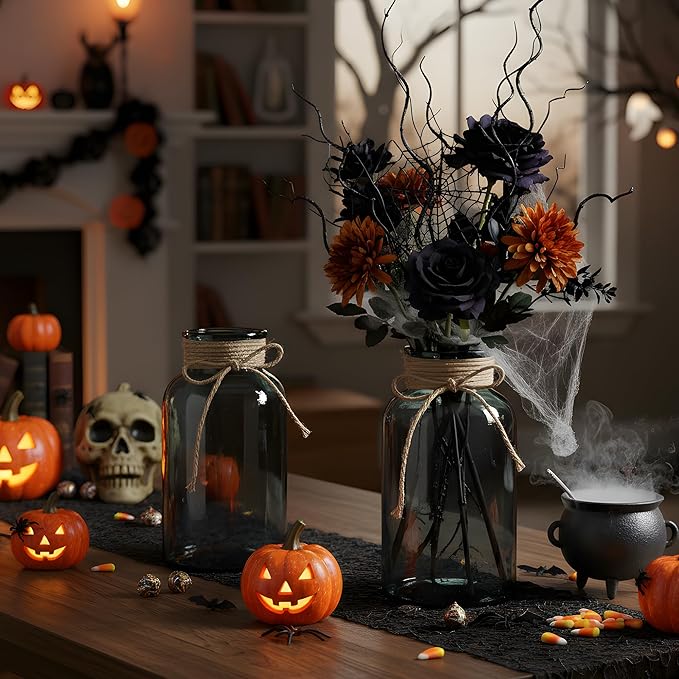 Vintage Glass Flower Vase，12 Pack Farmhouse Black Glass Centerpiece Vases Mason Jars for Halloween Weddings, Parties & Home Decor Bulk (12, Black)