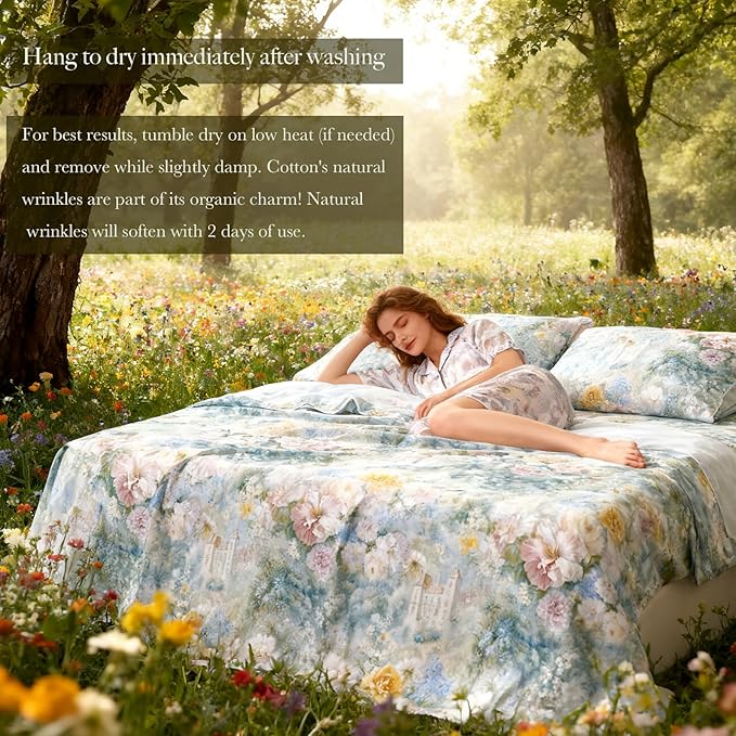 Zusbest California King Sheets Luxury Floral Bed Sheet Set 100% Cotton, Satin Weave Soft Breathable for Hot Sleepers Romantic Peony Flowery Printed Cottagecore Bedding Deep Pocket 17.5‘’, 4Pcs
