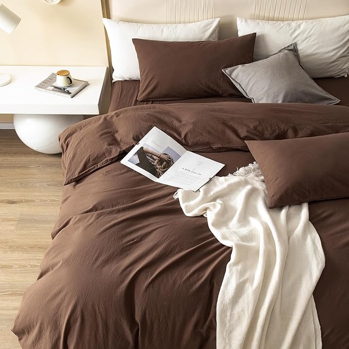 JIYUAN 100% Washed Cotton Duvet Cover Set 3 Pieces Oversized King, 1 Duvet Cover 120x98 Inches(Comforter Not Included) and 2 Pillowcases,Linen Feel Bedding Set Comfy and Breathable,Chocolate Brown