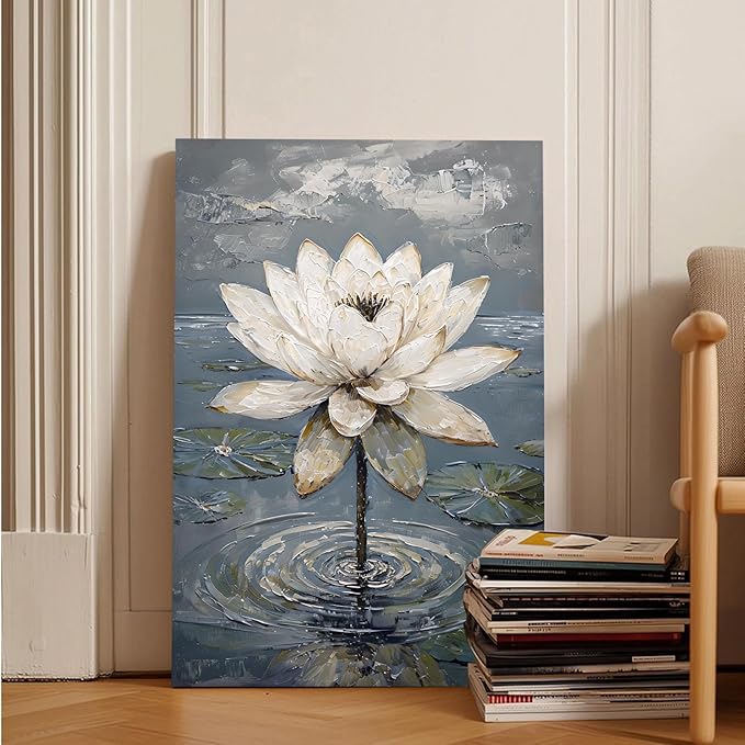 Stunning white lotus emerges from prismatic water with delicate petals background Serene aquatic wall art suitable for modern minimalist decor 16x24in Frameless