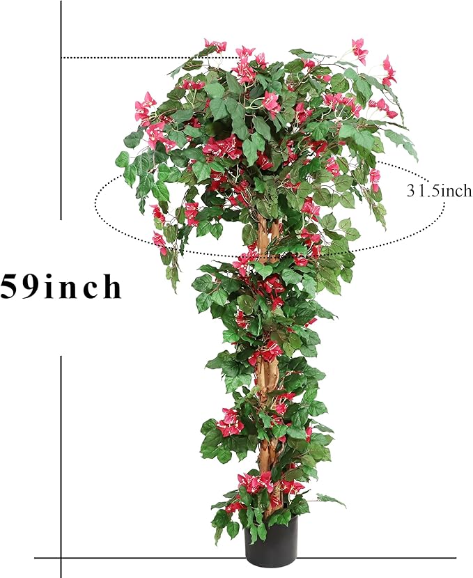 Damomo 5FT Artificial Bougainvillea Flowers Trees, Fake Bougainvillea Tall Tree with Black Plastic Potted, Outdoor Faux Blooming Plants for Indoor Front Porch Decor or Home Office, 2 PCS (59 inch)