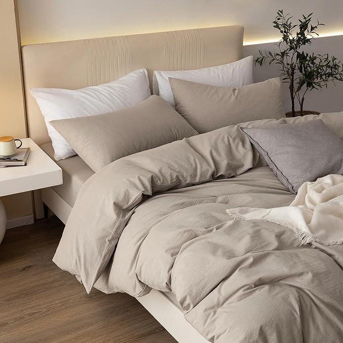 JIYUAN 100% Washed Cotton Duvet Cover Set 3 PCS Oversized Queen,1 Duvet Cover 98"x98"(Comforter Not Included) and 2 Pillowcases, Linen Like Comfy and Breathable, Heathered Tannish Linen Grey