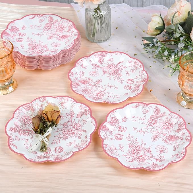 Pink Floral Party Plates Vintage Floral Leaf Disposable Paper Plates Wildflower Pink Toile 7" Scalloped Rim Dessert Plates for Valentines Birthday Bridal Tea Party Supplies (24)