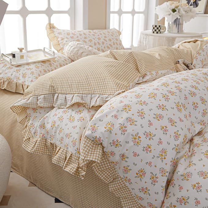 Floral Ruffle Duvet Cover King Chic Floral Lace Duvet Cover 100% Cotton Flower Bedding Set Romantic Ruffle Comforter Cover Vintage Garden Style Botanical Duvet Cover Girls Princess Bedding Set King