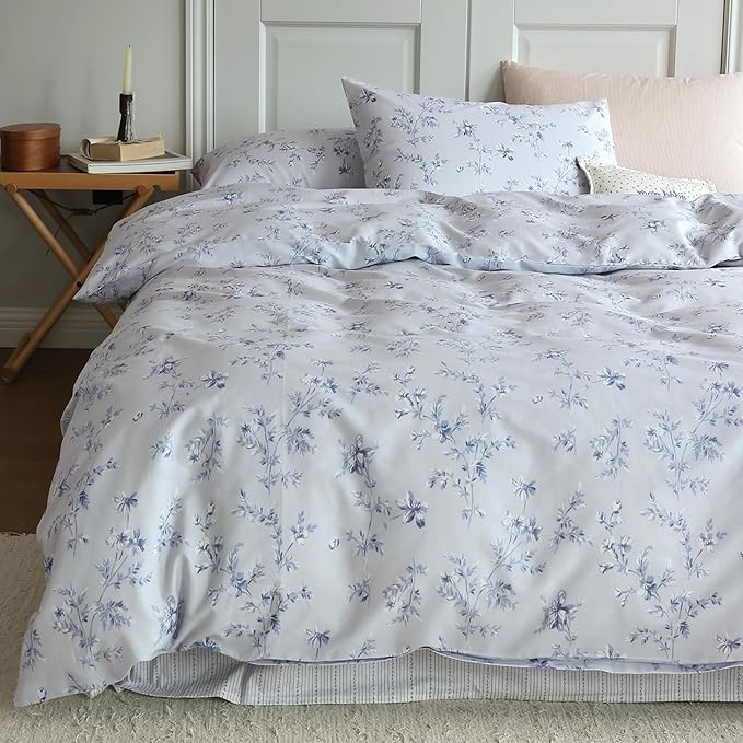 HighBuy Blue Floral Duvet Cover Twin XL Kids Girl Bedding Set Cottagecore Comforter Cover with 2 Pillowcases 100% Cotton Flower Duvet Cover Twin XL Aesthetic Bedding Set with Zipper and Corner Ties